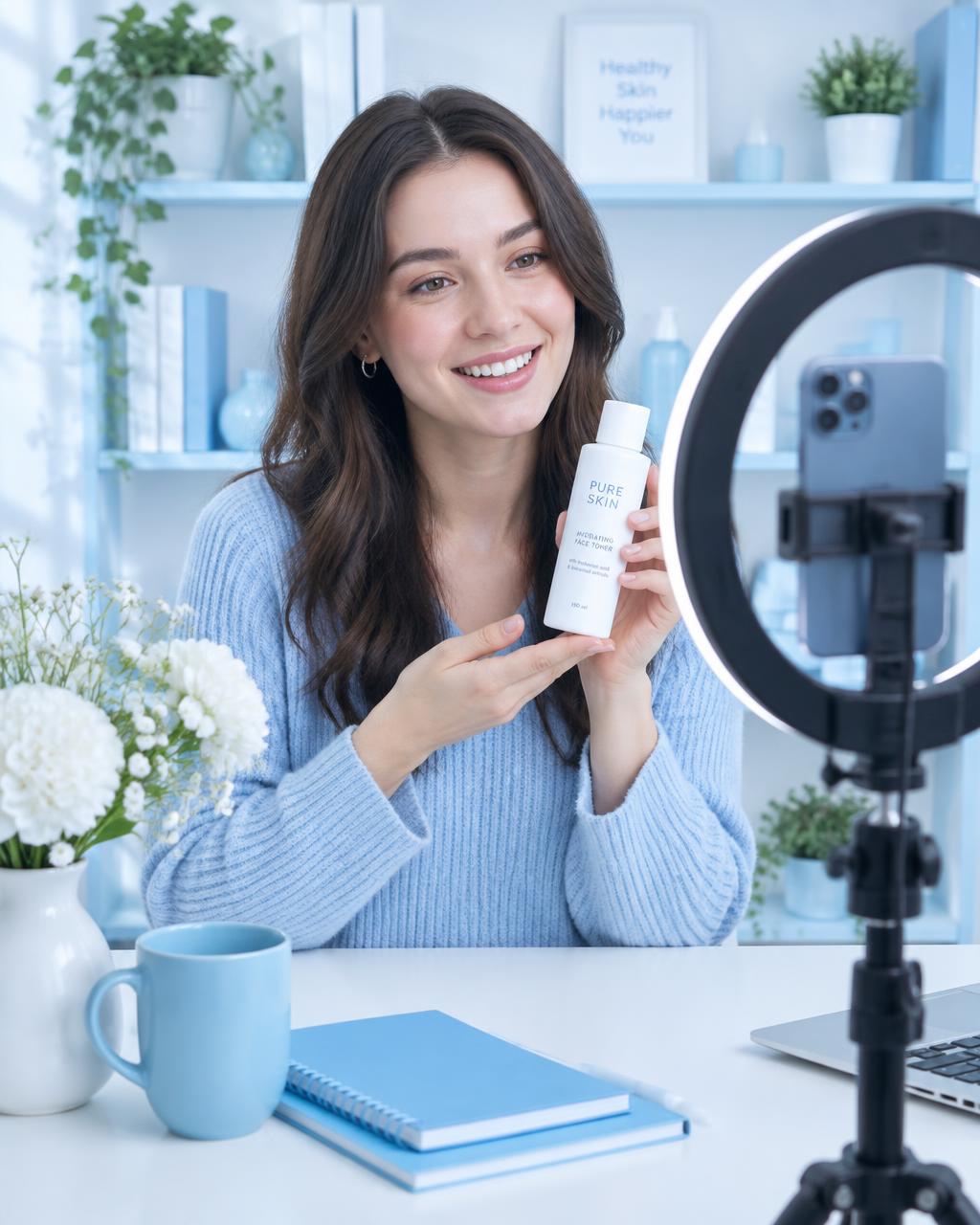 Creator filming a skincare product with a smartphone